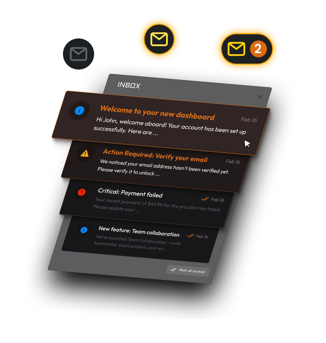 Inbox messaging panel with an unread message badge